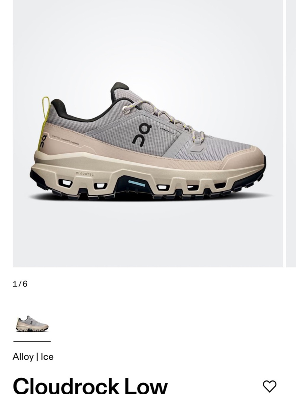 On Running Cloudrock Low Waterproof Trail Shoe - Alloy / Ice with Lime Pull Tab